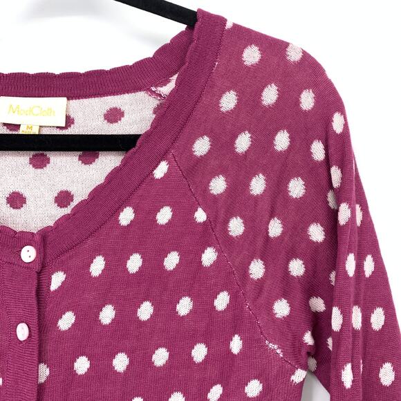 ModCloth 3/4 Sleeve Cardigan Sweater Womens Size Medium Purple White Polka Dot - Picture 3 of 6